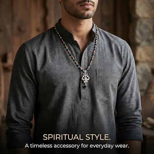 Image of Gratify Original Rudraksha & Karungali Mala 8mm 54 Beads with Shiva Trishul OM Pendant | Authentic Ebony Wood Spiritual Necklace for Protection, Meditation, Focus & Positive Energy | Unisex
