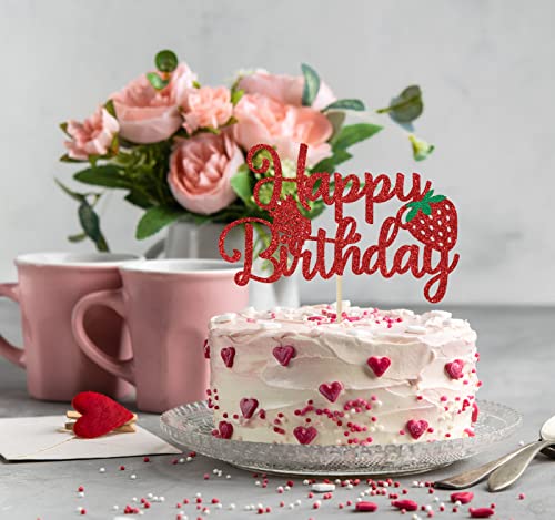 Strawberry Happy Birthday Cake Topper Red Glitter, Strawberry Theme Birthday Party Decoration, Berry Sweet Party Summer Fruit Themed Party Decorations #TOP2