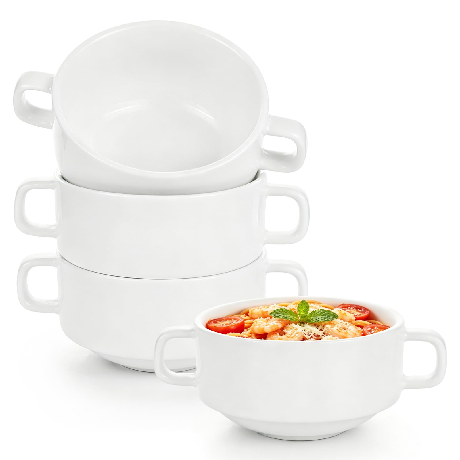 Hioph Ceramic Soup Bowls with Handles,White Fruit Bowl, Ceramic Mixing Bowl Set,White Serving Bowls for Fruit,Cereal, Vegetable,4 Pack