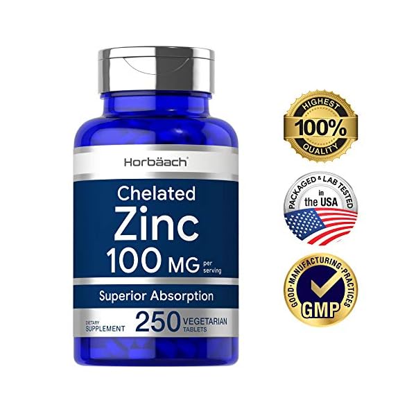 Chelated-Zinc-Supplement-100mg-250-Tablets-High-Potency-Superior-Absorption-Vegetarian-Non-GMO-Gluten-Free-by-Horbaach Chelated Zinc Supplement 100mg | 250 Tablets | High Potency & Superior Absorption | Vegetarian, Non-GMO, Gluten Free | by Horbaach