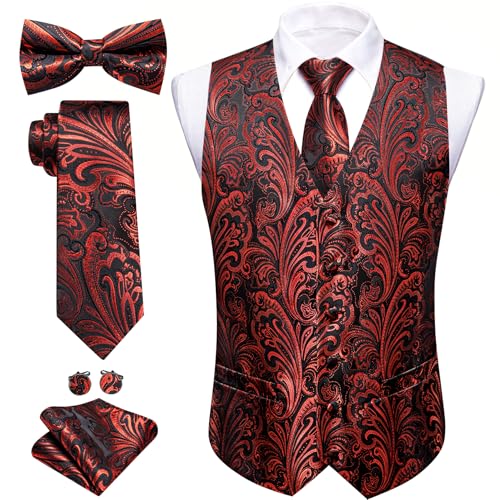 Image of Barry.Wang Men's Suit Vest Tie Bowtie Set Formal Silk Paisley Waistcoat Hanky Cufflinks Lapel Pin Set Wedding Party 7PCS