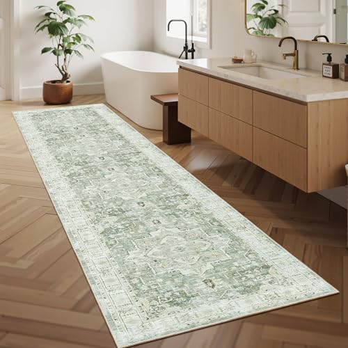 Madane Runner Rugs for Hallway 2x10 Long Washable Non-Slip Hallway Runner Rug Low-Pile Stair Kitchen Runner Soft Throw Carpet for Entrance Living Dining Laundry Room (Green/Ivory, 2 x 10)