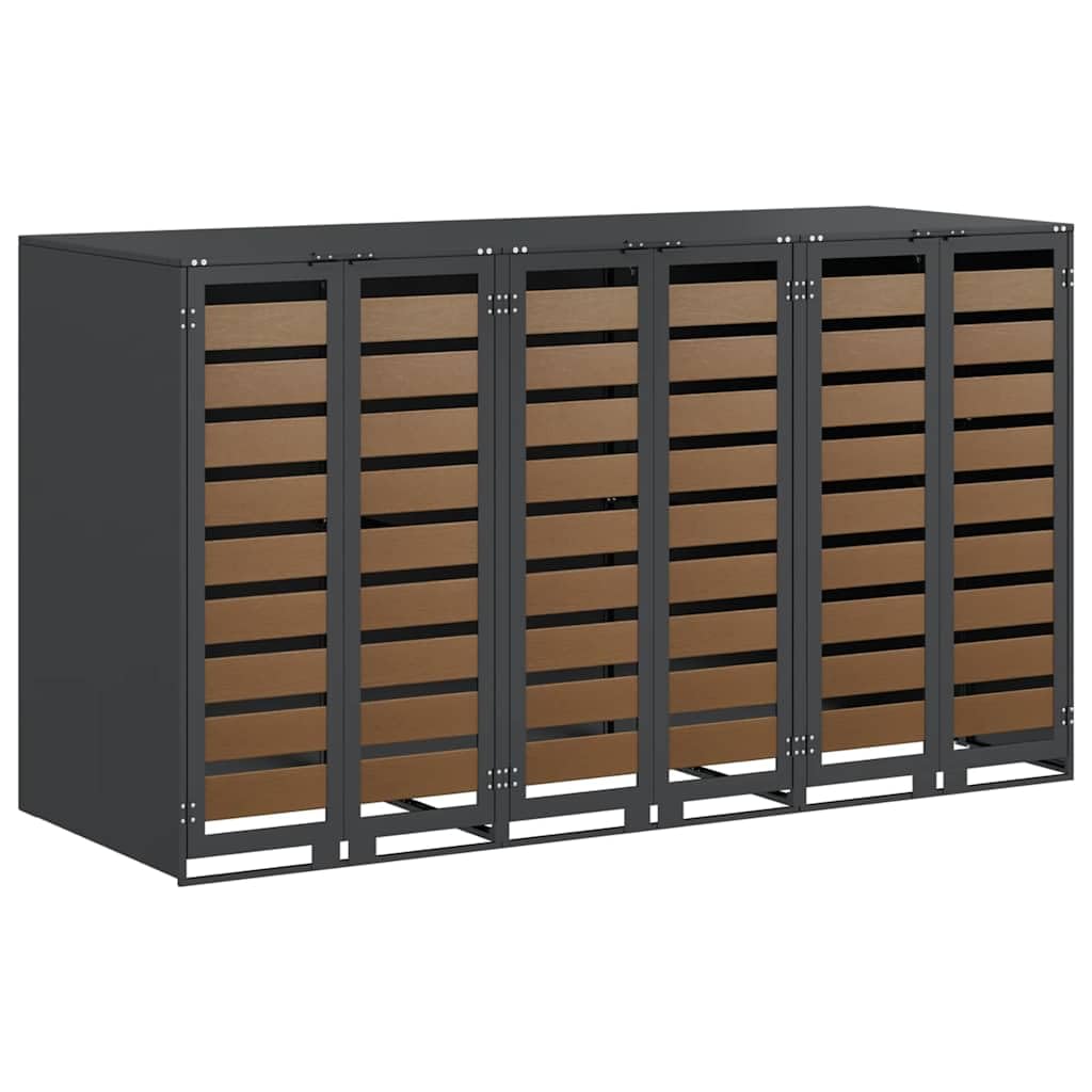 ACAGALA Copribidone per Spazzatura per 3 Bidoni 120 e 240L con Coperchio, Antracite, Acciaio Inox Resistente alle Intemperie & Porta con Superficie in Legno, 2 Ante e Design Espandibile, 65x73x113 cm