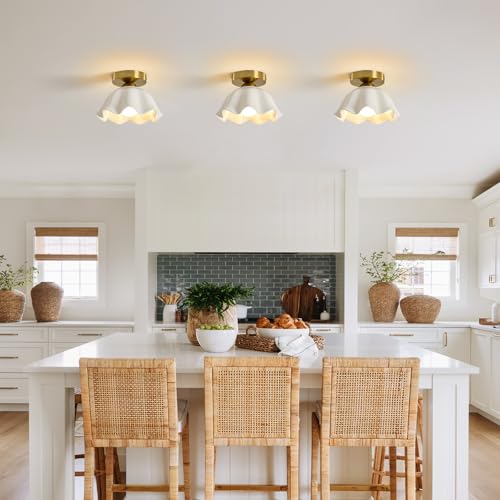 Glaze Ceramic Semi Flush Mount Ceiling Light - 2 Pack, Vintage Gold Hallway Light Fixtures, Flower White Globe Ceiling Lights, Mid Century Small Light Fixture for Cottage Entryway Laundry Room Foyer by Luafac - Used condition - Image 8