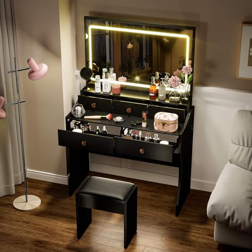 COMHOMA Makeup Vanity Desk with Mirror and Lights, Vanity Table and Chair Set with 5 Drawers and Charging Station, Bedroom Dresser LED Mirror Stepless Dimmable & 3 Color Modes Adjustable, Black