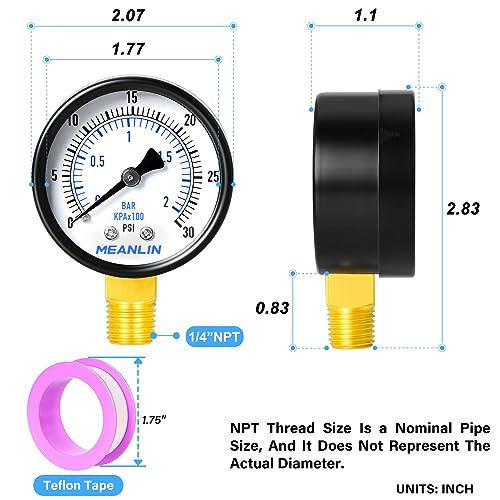 Image of MEANLIN MEASURE 0-30Psi Well Pump Pressure Gauge 1 /4 inch NPT 2 inch FACE DIAL for Pool Sand Filter Water Oil Air Pressure Test Lower Mount, with Teflon Tape