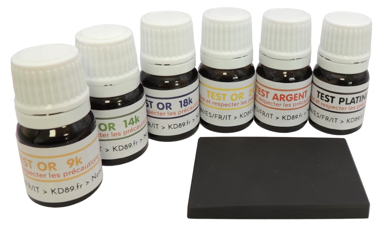 Set mit 6 Flaschen Tester für Gold, Silber, Platin, 9-24 Karat, Prüfstein 50x40 mm