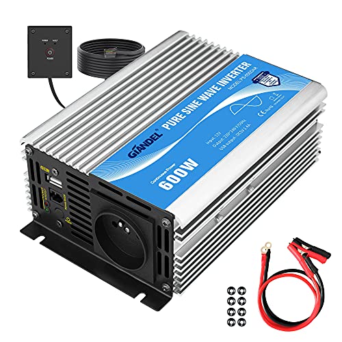 GIANDEL 600W Convertisseur Pur Sinus DC 12v à AC 220V 230V Onduleur Transformateur avec Télécommande et Port USB pour Ordinateur Portable, Appareil Photo,...