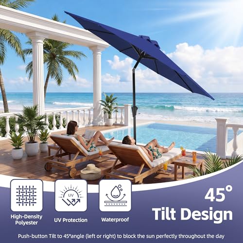 Vegond 9FT Outdoor Patio Umbrella with Crank Lift & Tilt, 2.7M Market Umbrellas with 8 Sturdy Ribs for Patio Table, Deck, Balcony, Garden, Poolside (Navy Blue) image 8