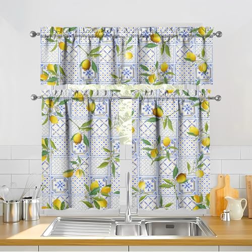 Image of Lemon Kitchen Curtains 3 Piece Set Tier Valance Window Decor