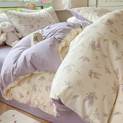 Covebett Bettwäsche 135x200 Weiß mit Lila Blumen Lavendel Blumenmuster...