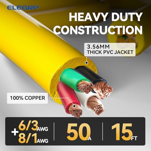 Image of ELEGRP 50 Amp Generator RV Extension Cord 15 FT, 4 Prong NEMA 14-50P to NEMA SS2-50R Twist Lock, Heavy Duty 6 /3+8 /1 Gauge STW Locking Power Cord for RV Camper /Generator /House, UL Standard Compliant