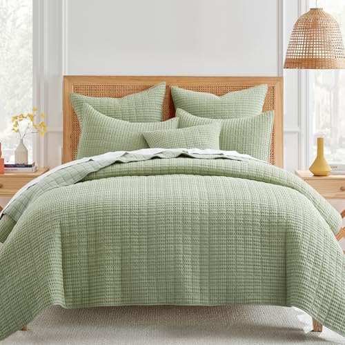 Image of Levtex Home Mills Waffle Full /Queen Quilt Set (88x92in) with 2 Pillow Shams (26x20in) - Desert Sage - 100% Cotton Full /Queen Size Quilt Bedding Set - Lightweight, Soft, Pre-Washed
