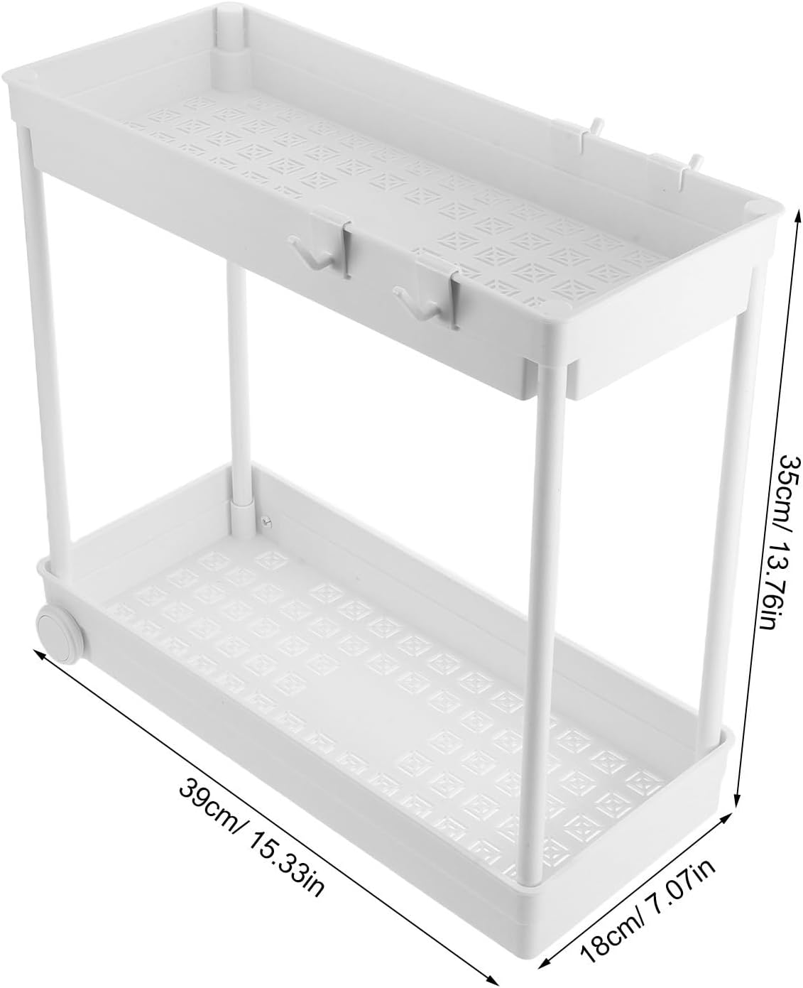 SECFOU Sink Storage Rack with Hooks, 2-Tier Stainless Steel and Plastic Organizer with Wheels, Versatile Storage Solution for Kitchen and Laundry Room, No Drilling Required, Compact