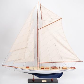 Old Modern Handicrafts Defender Painted Medium Sailboat Schooner Yacht Model - Fully Assembled - Exquisite Nautical Decor for Home & Office - 23.6L x 4.5W x 29.5H Inches