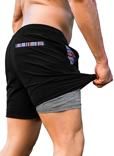 JMIERR Sport Shorts Herren Laufshorts 2 in 1 Schnell Trocknend Kurze Hose Running Sporthose Fitness Training Mit Eingebaut Taschen Schwarz 2XL