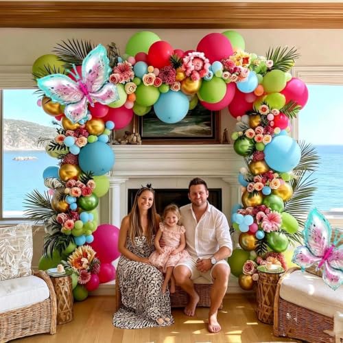 Image of Summer Balloon Arch Double Stuffed Latex Hot Pink Blue Green Gold Balloons with Pastel Butterfly Foil Balloon Garland for Tropical Flamingo Beach Hawaiian Luau Aloha Birthday Baby Shower Party Decor