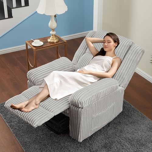 Image of Garvee Corduroy Recliner Chair, Manual Recliner Sofa with Handle, Pillow Top Arms, Thick Padding, Side Pocket, 330Lbs Capacity, Adjustable Recliner for Living Room, Bedroom, Home Theater, Gray