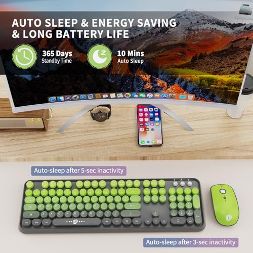 Image of Wireless Keyboard and Mouse Combo, 2.4G USB Cordless Round Keyboard and Mouse for Laptop Computer TV (102 Keys Matcha Green)