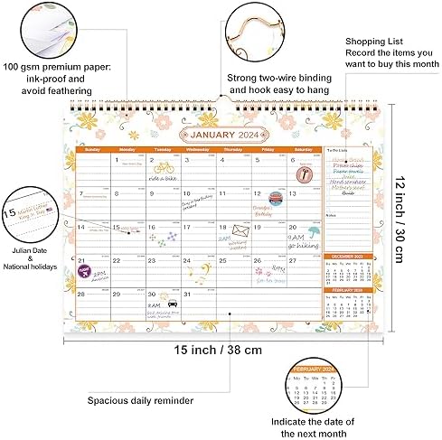Benjia Desk Calendar 2024 Academic Year to 2025, January 2024 to July 2025, 15" x 12" Large 18 Monthly Desktop Wall Calendar With Copper Coil, Planner Stickers (Flower, 38cm x 30cm)