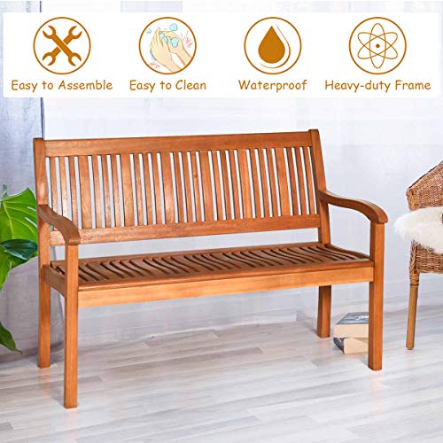 Safstar Outdoor Wooden Bench, Eucalyptus Wood Garden Bench with Curved Armrest and Backrest, 2-Person Loveseat for Entry Way Porch Garden, Strong Weight Capacity of 700lbs