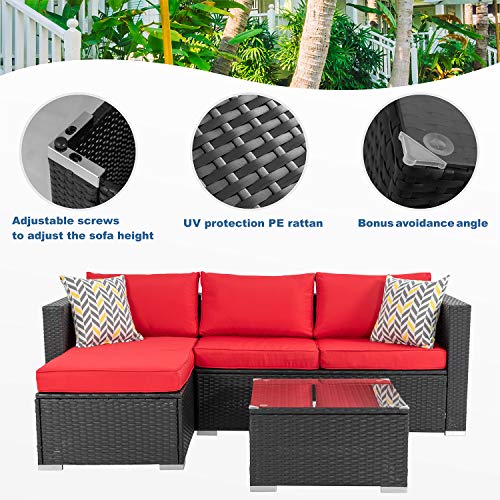 Shintenchi Outdoor Wicker Patio Sofa Set, Black All-Weather Rattan Small Sectional Patio Set And Chaise Lounge W/ Glass Coffee Table And Washable Couch Cushions Patio Conversation Set (3 Piece,Red) #TOP4