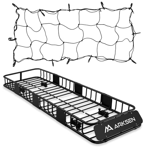 ARKSEN 84"x23"x6" Long and Narrow Car Roof Rack Cargo Carrier Rooftop Basket & Net, Heavy Duty Weather Resistant Luggage & Camping Gear Storage for Ca