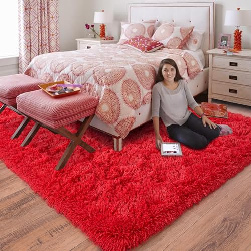Rugs for Living Room 5x7, Soft Shaggy Modern Shag Area Rug for Bedroom, Upgrade Non-Slip Plush Fluffy Carpet for Kids Boys Girls Room Home Decor Aesthetic, Red