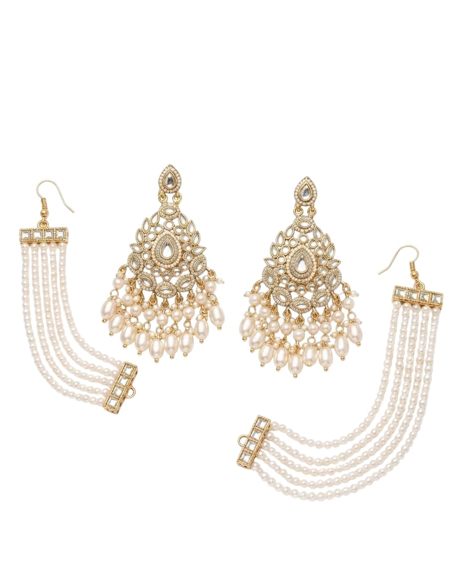 Celebrity Styled Floral Kundan Pearl Chandbali Earrings with Sahara Ear Chain for Women | Gold Plated Traditional Bridal Dangler Earrings | Wedding, Party & Festive Ethnic Jewellery-image-47