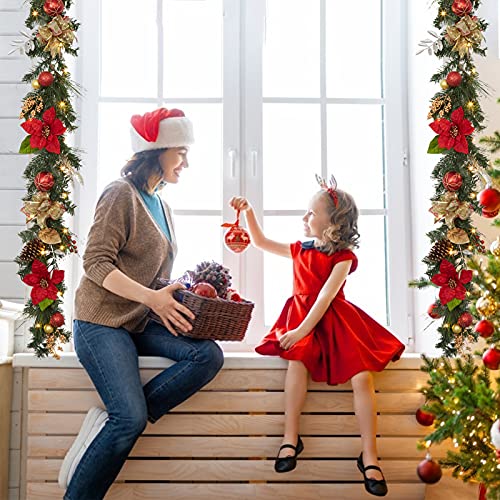 GarveeHome Prelit Christmas Garland for Mantle, 6ft Battery Operated Xmas Garland with 20 LED Lights Timer Red Gold Balls for Fireplace Stair Railing TV Stand Indoor Outdoor Holiday Decor