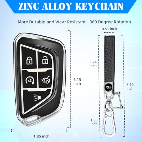 Image of QBUC for Cadillac Key Fob Cover with Leather Keychain (Chrome Trim Black) | Soft TPU Protection Case Compatible with 2020-2026 Cadillac Escalade Lyriq Optiq 5-Buttons