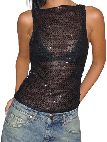 Women Sparkly Sequin Tank Top Sexy Glitter Sleeveless See Through Summer Vest Cropped Slim Fit Party Club Tops (A-Black S)