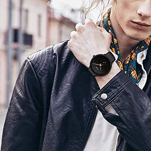 Mens Watch Ultra-Thin Quartz Analog Wrist Watch 30M Waterproof Fashion Minimalist with Leather Band - Black Gold