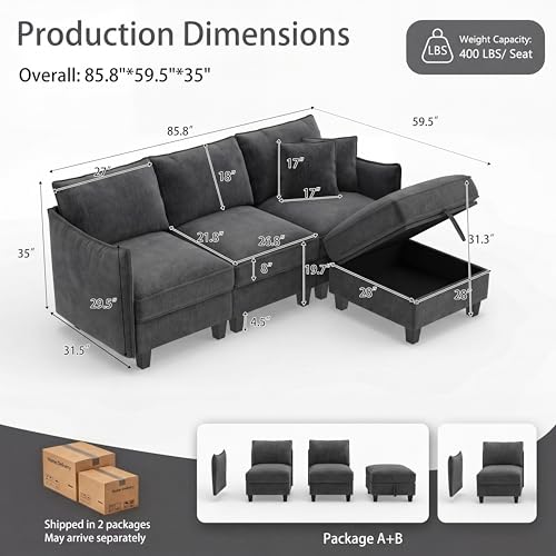 Image of Ihanherry 85.8 inch Modular L-Shaped Sectional Sofa, Modern 4-Seat Cloud Couch with Storage Ottoman, Comfy Chenille Convertible Furniture Set for Living Room, Apartment, Easy Assembly, Black