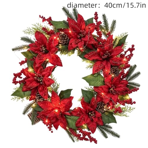 Christmas Wreath with Lights 15.7 Inch Real Touch Red Poinsettia Wreath - image 2
