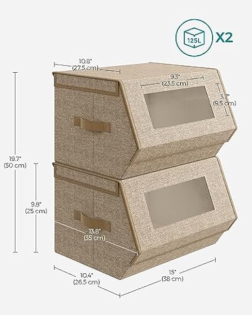 SONGMICS Stackable Storage Bins Set of 2, Storage Boxes with Lids and Front Windows, Non-Woven Fabric Closet Organizers with Magnetic Closures, Side Handles, Sand Beige URLB002Y01
