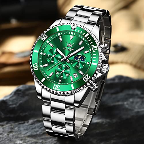 Image of OLEVS Mens Watches Chronograph Luxury Dress Moon Phase Quartz Stainless Steel Waterproof Luminous Business Calendar Wrist Watch