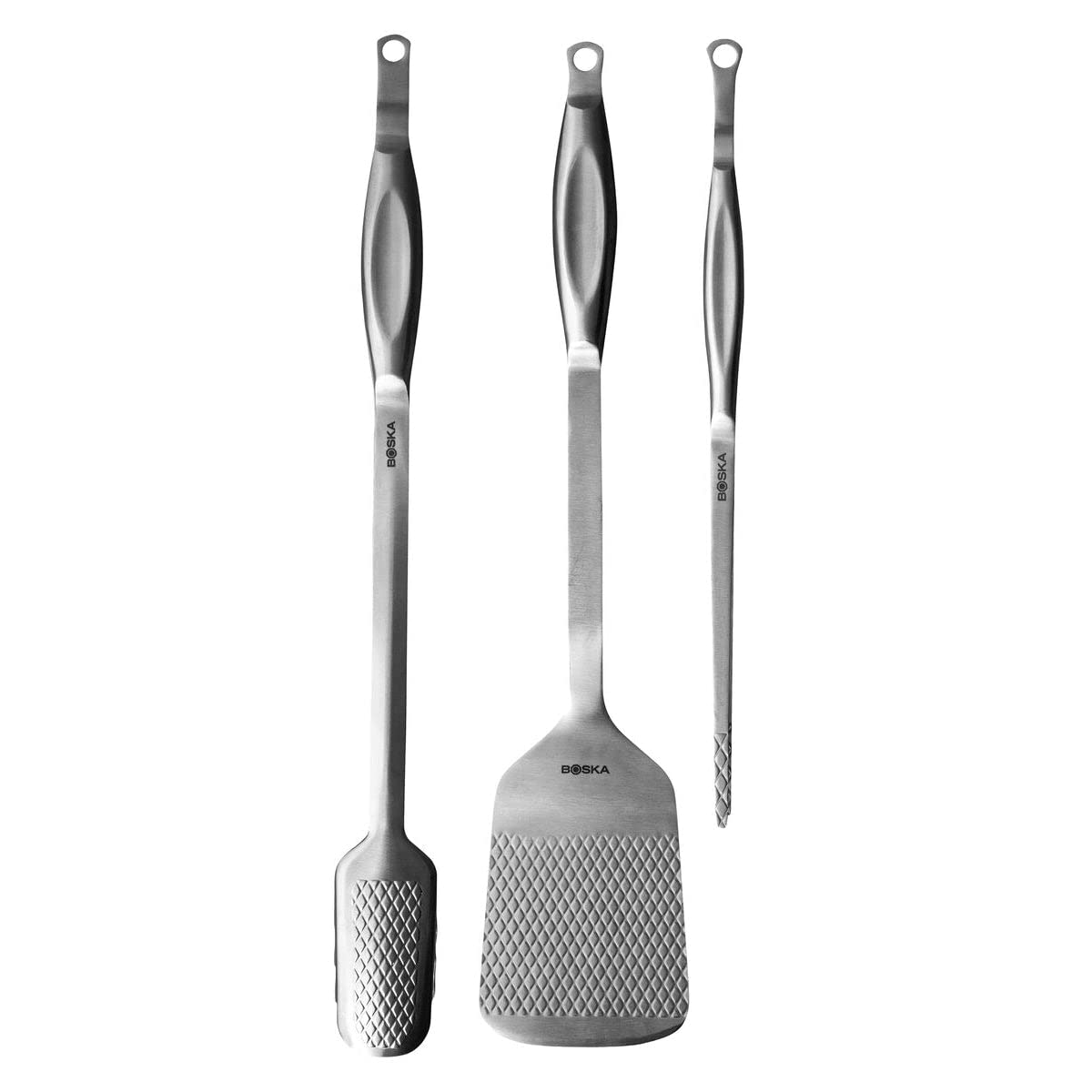 Boska Essential BBQ Tools Monaco+, 3 accessori per barbecue, 100% acciaio inox, set regalo, per barbecue e cucina/struttura rombo/extra grip/lavabile in lavastoviglie