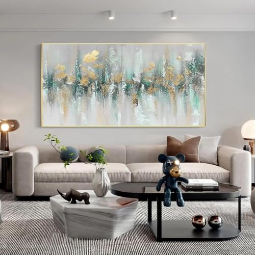 Gold Teal Green Textured Horizontal Abstract Painting On Canvas Living Bedroom Large Size Gold Wall Art Modern Home DBaitangecor 160x80cm Frameless