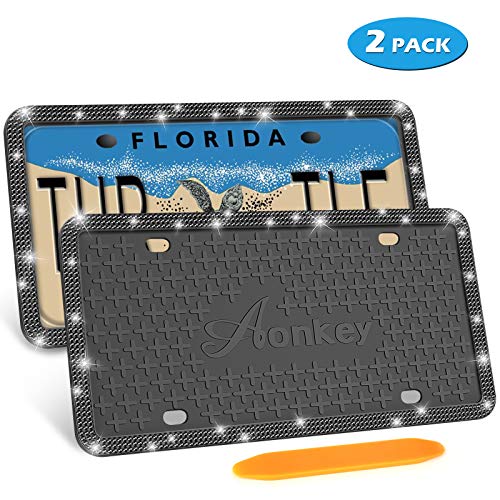 AONKEY Bling License Plate Frame, 2 Pack Black Silicone Diamond License Plate Frames for US Vehicles, Universal Rhinestones Car License Plate Holder, Rattle-Proof & Rust-Proof