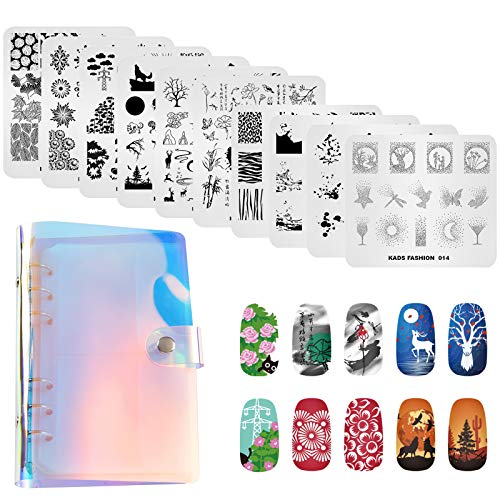 KADS 11pcs Nail Stamp Plates set 10 plate + 1 Laser Symphony storage bag Nails Art Stamping Plate Set Christmas Flowers Animal Nail plate Template Image Plate