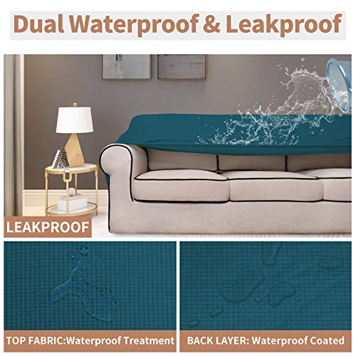 Image of Easy-Going 100% Waterproof Couch Cover, 3 Cushion Oversized Sofa Cover | Leakproof Sofa Slipcover, Stretch Jacquard Furniture Protector Against Stain Spill from Kids, Pets, Dog, Peacock Blue