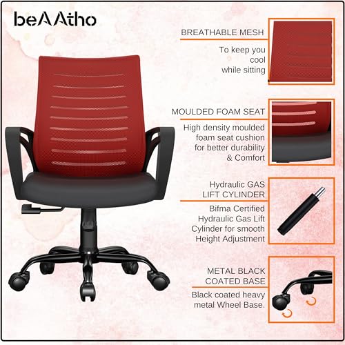 Image of beAAtho Verona Mesh Mid Back Ergonomic Home Office Chair with 3-Years Limited Warranty, Tilting & Height Adjustable Mechanism, Heavy Duty Metal Base Ideal for Office Work & Study (Red)