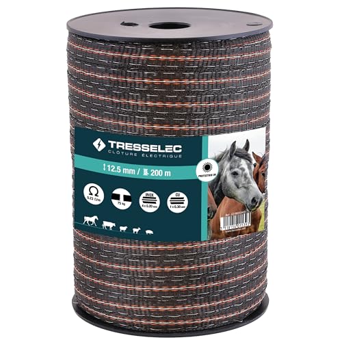 TRESSELEC - Ruban ZZ 12,5mm - Clôture électrique pour animaux (vache, chèvre, mouton, cheval) - Bobine de 200m - 4 fils inox diamètre 0,20mm et 1 fil...
