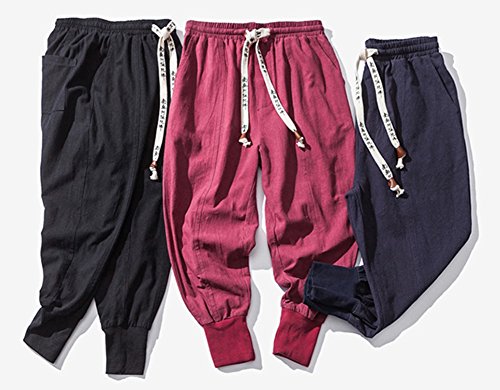 Lifehe Men Linen Drop Crotch Wide Leg Baggy Harem Pants (Black, M) #TOP3