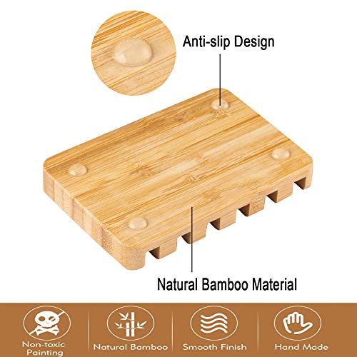 Fiewmay 2 pcs Bamboo Soap Dishes for Bathroom/Shower, Natural Wood Big Bar Soap Holder with Self Draining Tray, Natural Waterfall Drain Soap Saver