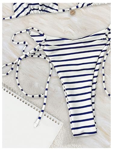 Women's 2 Piece Striped Bathing Suit Halter Triangle Tie Side Bikini Sets Vacation Summer Swimsuit3