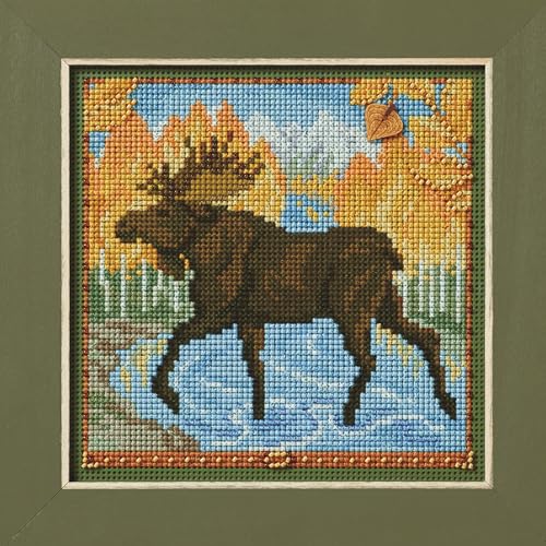 Image of Mill Hill Autumn Moose Beaded Counted Cross Stitch Kit 2024 Buttons & Beads Autumn MH142425, Multicolor, 5.25 x 5.25 Inches