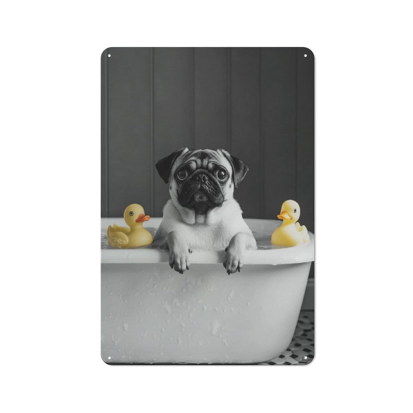 Junmoney Style-23 Pug In Bathtub With Rubber Ducks Funny Bathroom Poster Retro Metal Wall Sign 30X20cm For Guest Room Or Hallway, A Housewarming Gift For Home Decor Collectors