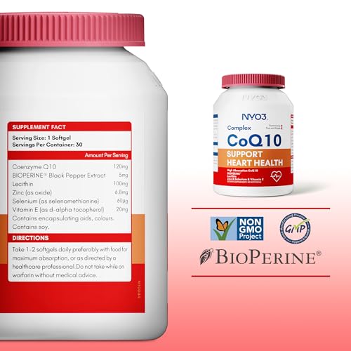 NYO3 Coenzima Q10 Softgel Per Proteggere La Salute Cardiaca Migliorare l’ Immunità Aggiungere Fosfolipidi e Piperina Nera VE e Zinco Buona Purezza di Assorbimento Elevato Contenuto Nutritivo 120mg